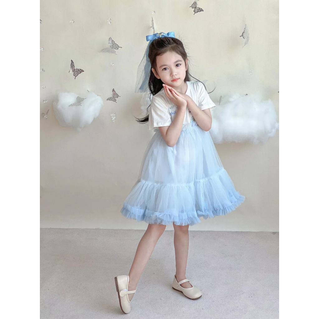 Váy công chúa Elsa Frozen tay ngắn mùa hè, áo thun cotton phối đầm xòe lưới bồng bềnh dễ thương - VES02