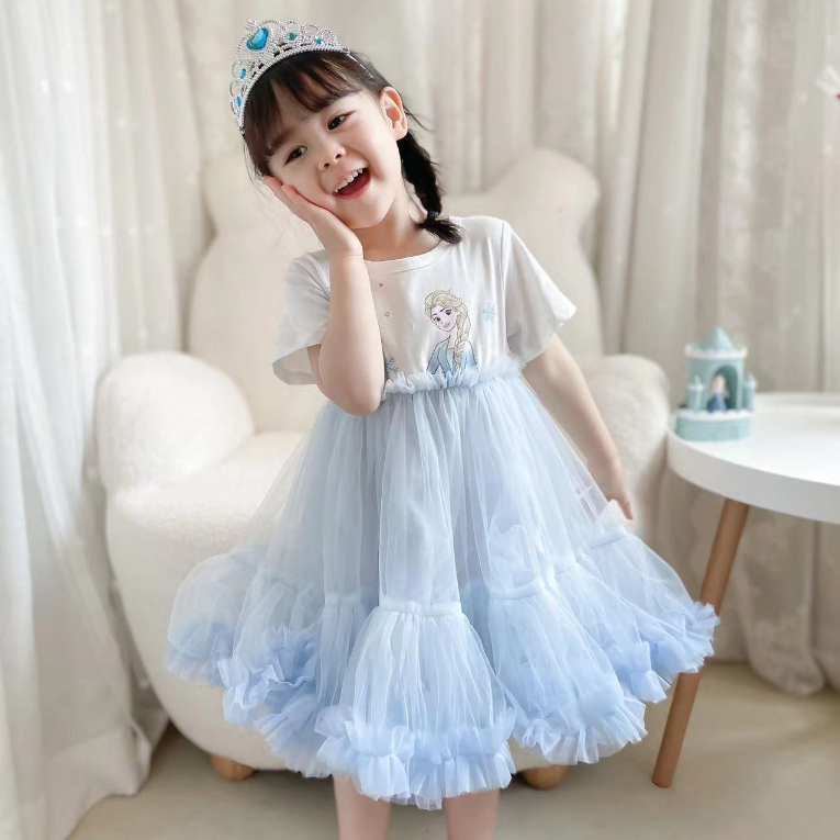 Váy công chúa Elsa Frozen tay ngắn mùa hè, áo thun cotton phối đầm xòe lưới bồng bềnh dễ thương - VES02