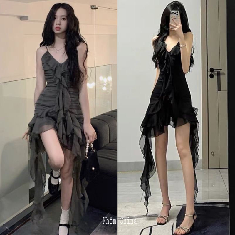 Đầm Hai Dây Nhún Bèo Cổ Tim Phong Cách Pháp Ngọt Ngào Quyến Rũ Thời Trang Nữ