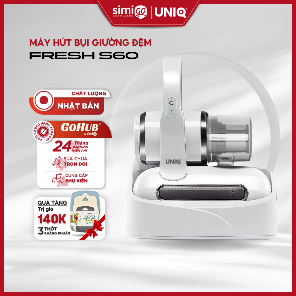 Máy hút bụi giường đệm nệm UNIQ Fresh S60 không dây cầm tay cao cấp đế sạc tự động đèn UV diệt sạch vi khuẩn ga gối lông
