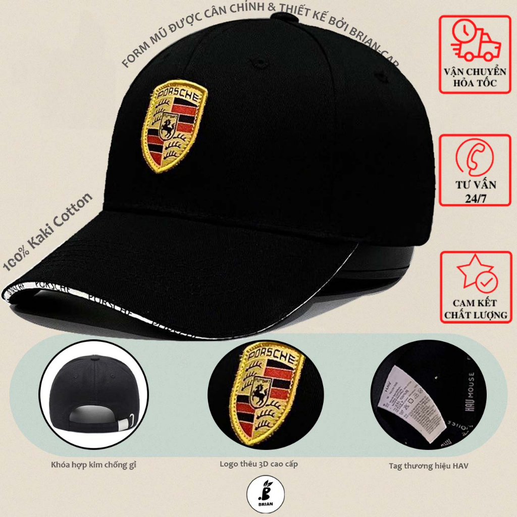 Nón lưỡi trai Porsche thêu logo 3D hàng xuất dư phong cách Hàn Quốc cho nam và nữ, mũ nón kết lưỡi trai thể thao.