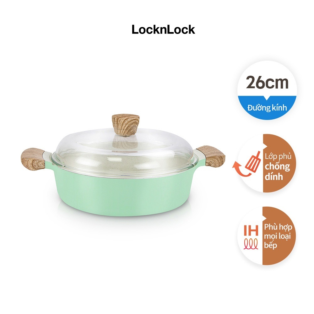 Nồi nhôm chống dính nắp thủy tinh Lock & Lock, 26cm. màu Mint CCA203