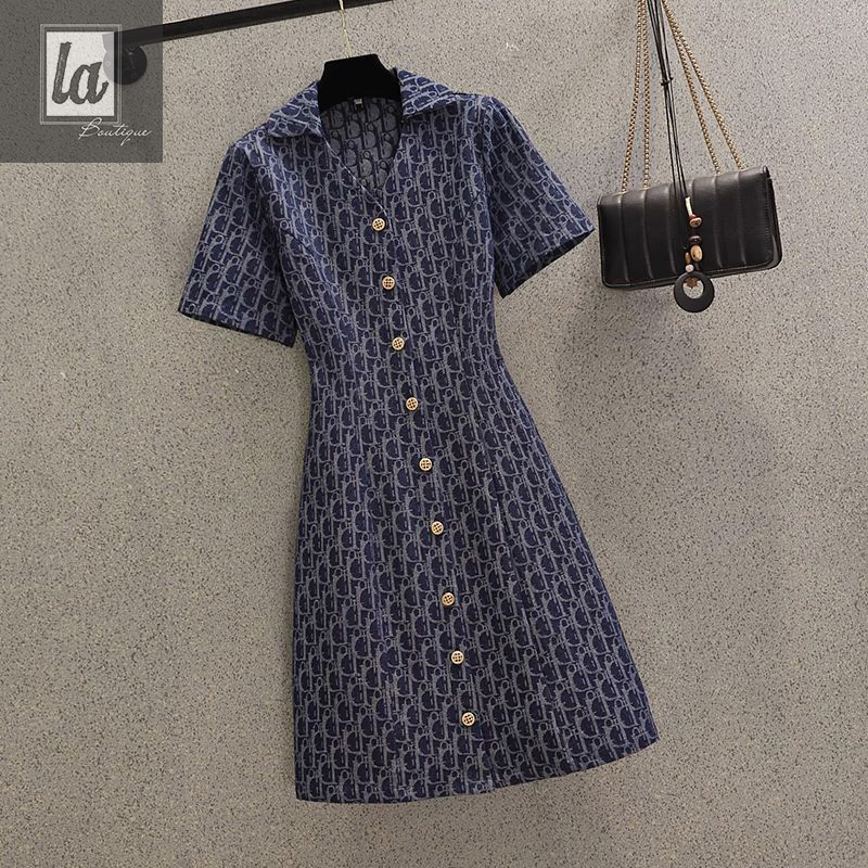(ORDER) Đầm denim họa tiết cổ polo cài nút bigsize 45kg - 90kg