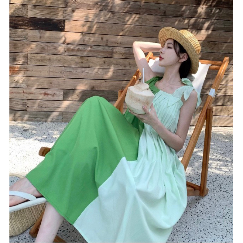Yona’s Đầm hai dây đi biển mùa hè màu xanh nhẹ nhàng hot trend D28