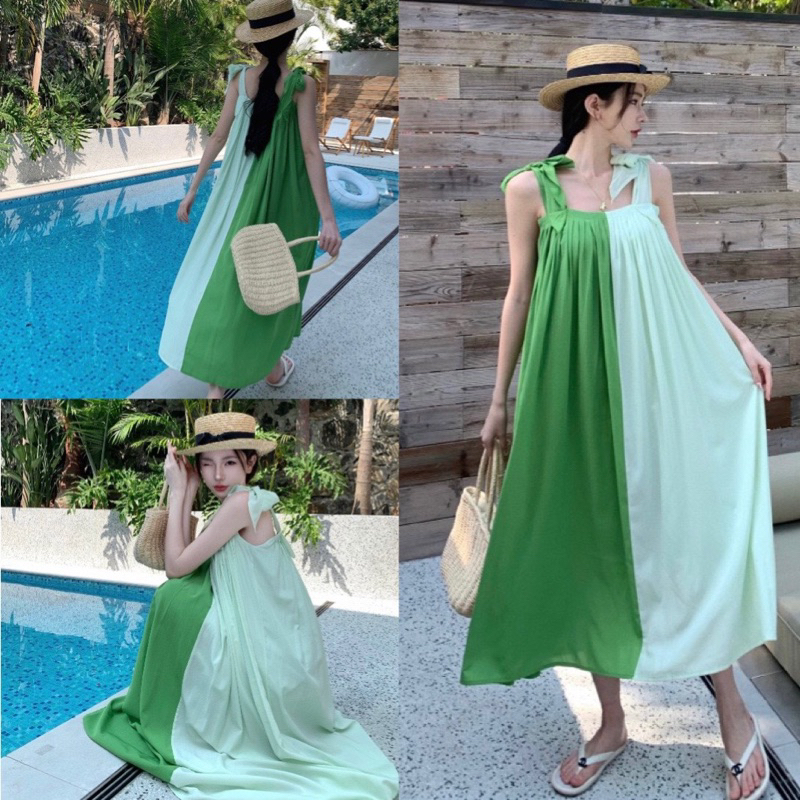 Yona’s Đầm hai dây đi biển mùa hè màu xanh nhẹ nhàng hot trend D28