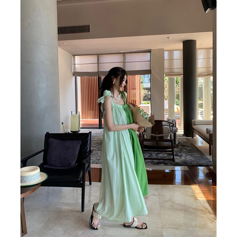 Yona’s Đầm hai dây đi biển mùa hè màu xanh nhẹ nhàng hot trend D28