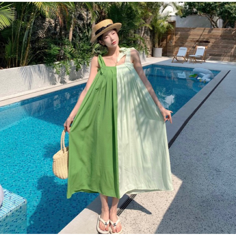 Yona’s Đầm hai dây đi biển mùa hè màu xanh nhẹ nhàng hot trend D28
