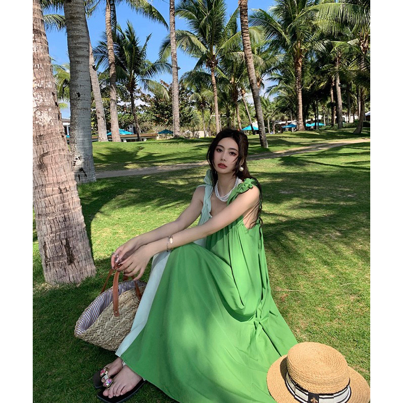 Yona’s Đầm hai dây đi biển mùa hè màu xanh nhẹ nhàng hot trend D28