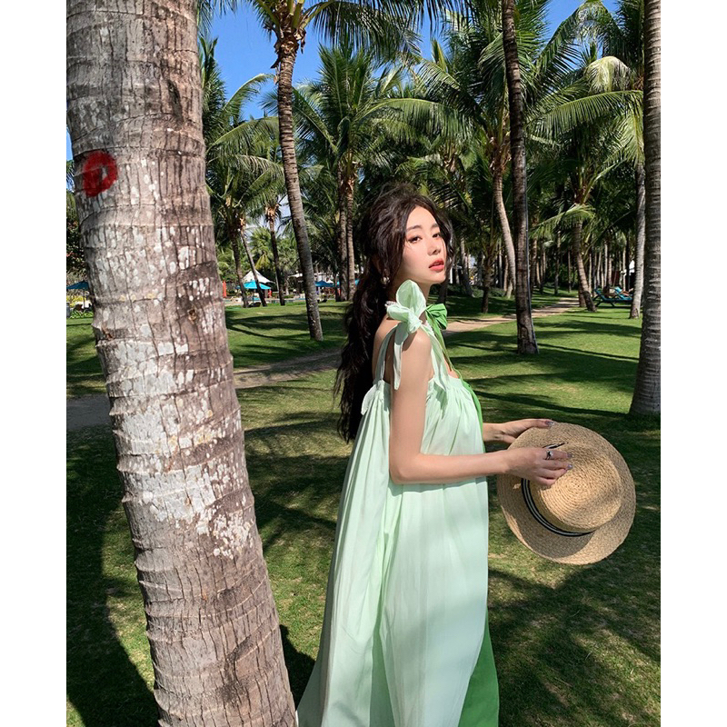 Yona’s Đầm hai dây đi biển mùa hè màu xanh nhẹ nhàng hot trend D28