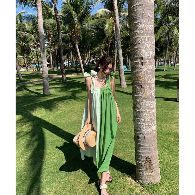Yona’s Đầm hai dây đi biển mùa hè màu xanh nhẹ nhàng hot trend D28