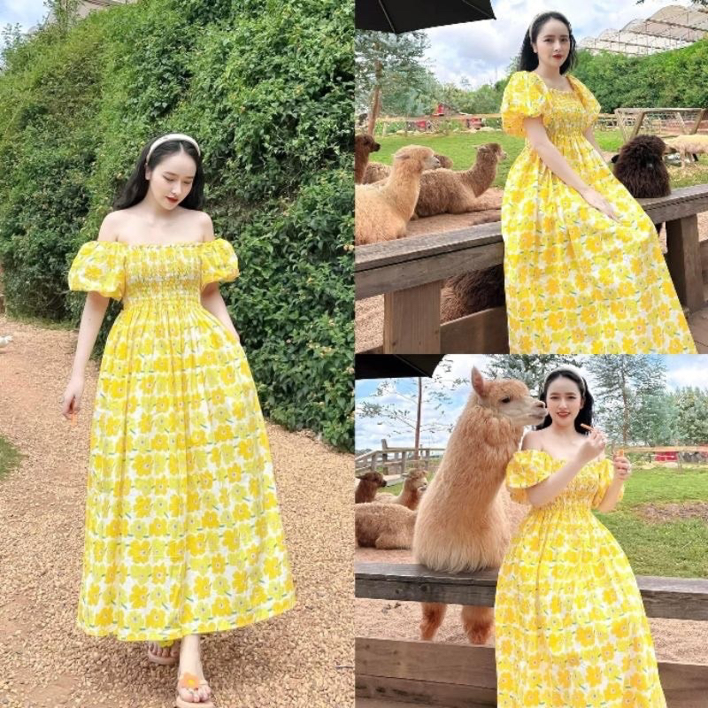 Đầm Hoa Dáng Dài Bo Chun Ngực