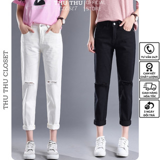 Quần bò baggy jean nữ rách gối chất đẹp phong cách Hàn Quốc cá tính màu trắng, đen. Size S M L