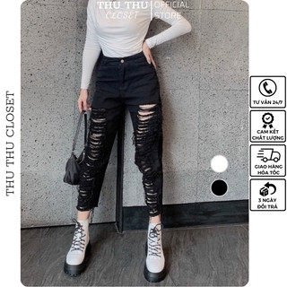Quần baggy jean rách, baggy bò nữ lưng cao cá tính 2 màu trắng đen siêu đẹp