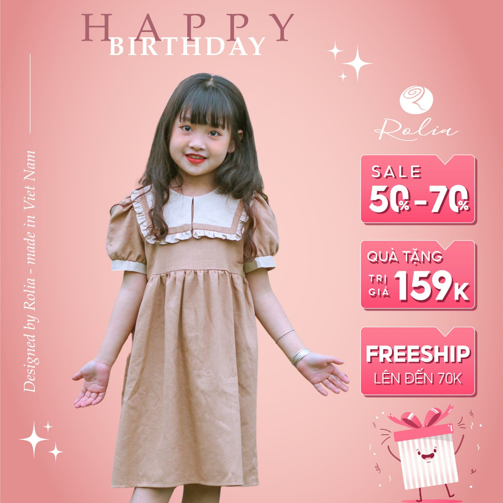 Váy bé gái cổ thủy thủ ROLIA chất linen mềm mặc thấm hút mồ hôi nhìn sang và tây V18