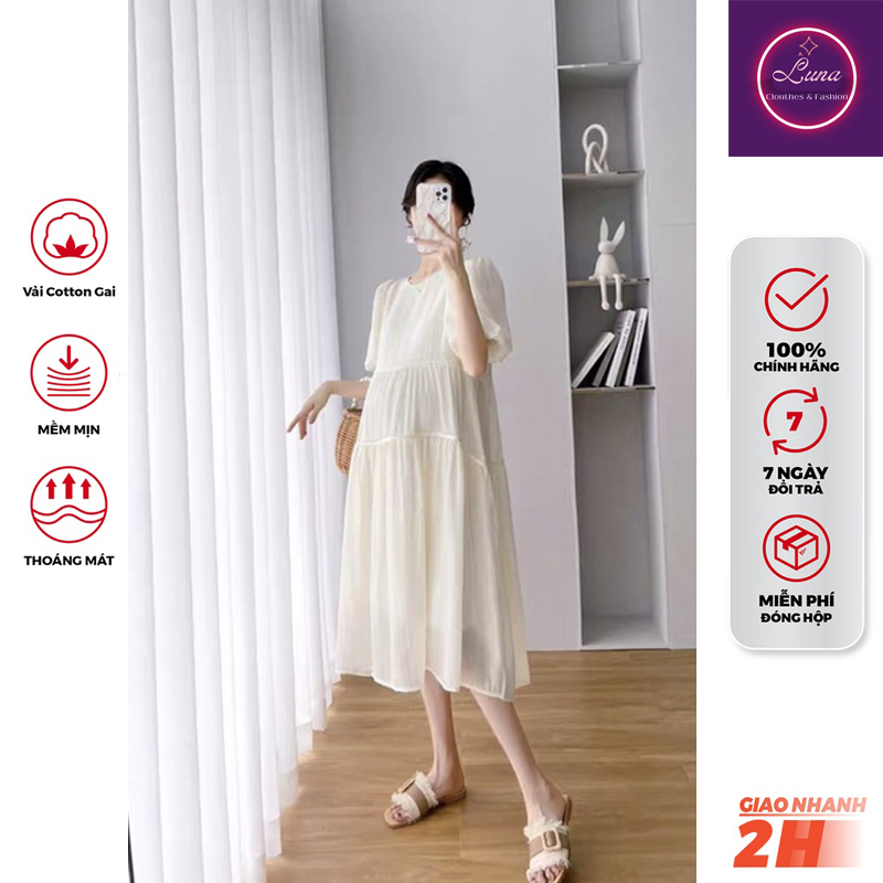 Đầm Bầu Thiết Kế Váy bầu xinh váy 2 lớp tơ óng mềm nhẹ 3 màu xanh cốm, kem, tím