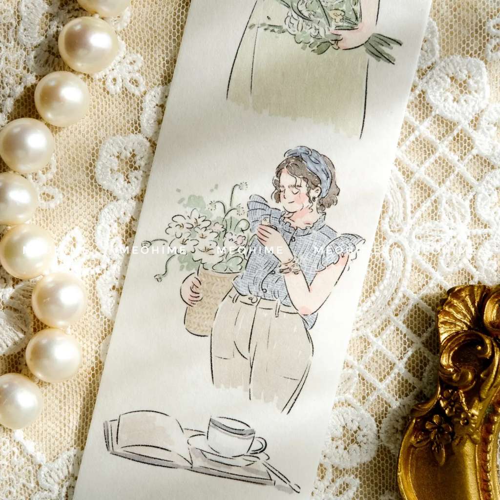 Băng keo Washi tape vintage cô gái ôm hoa chiết chu kì 100cm Xiyue | meohime198