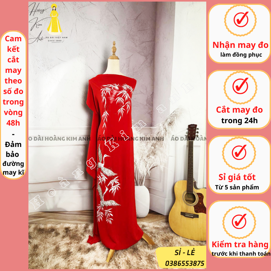 Vải áo dài lụa bảo anh đính đá và thêu chim, lá tre màu đỏ may áo dài truyền thống sui gia màu đỏ