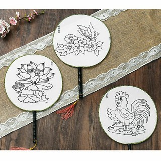 Quạt tròn vải lụa cán nhựa quạt cầm tay cổ trang 25cm (tặng kèm dây 6 màu)
