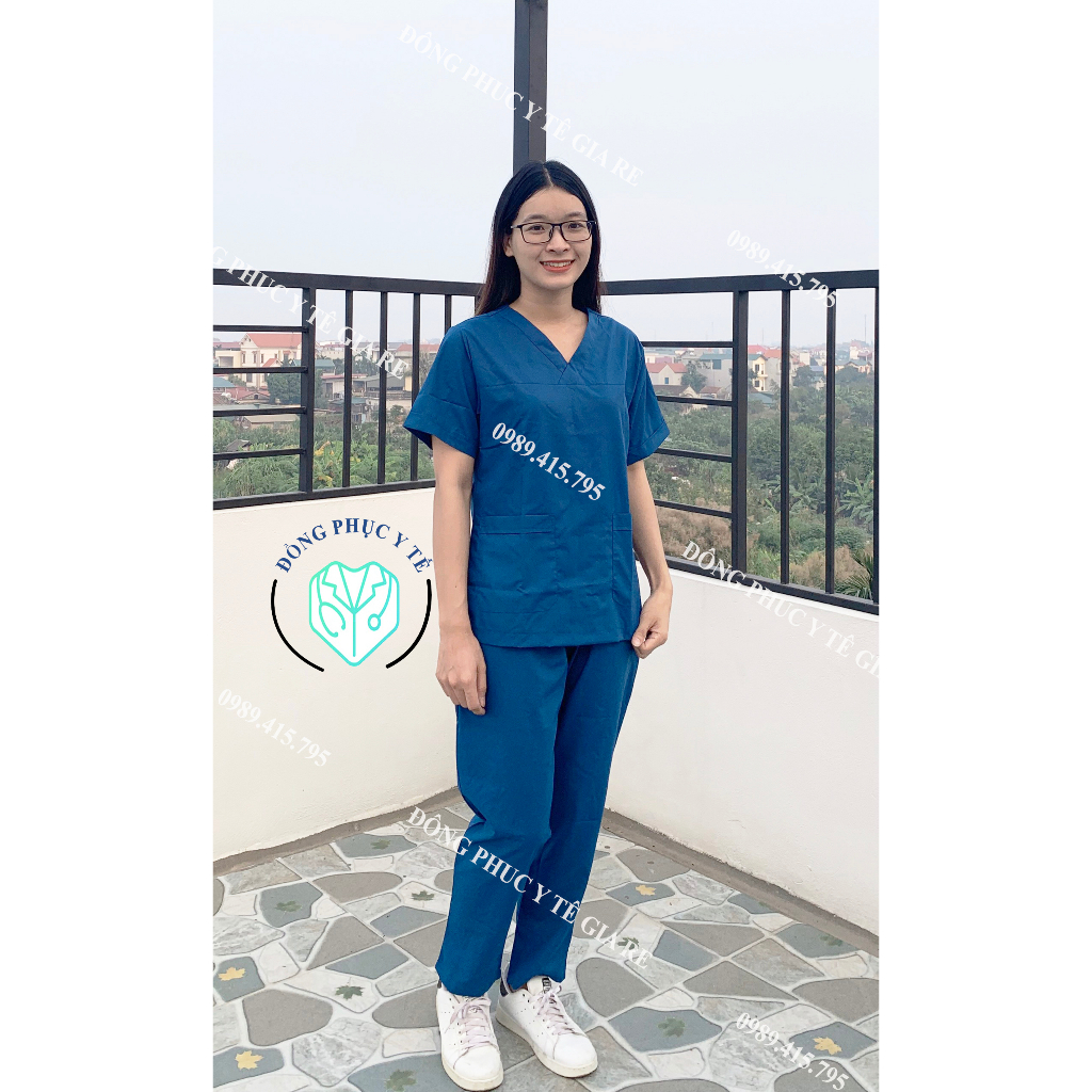 Bộ Scrubs Xanh Coban Bác Sĩ, Blouse Cổ Tim, Đồng Phục Điều Dưỡng, Spa, Thẩm Mỹ Viên, Dược Sĩ