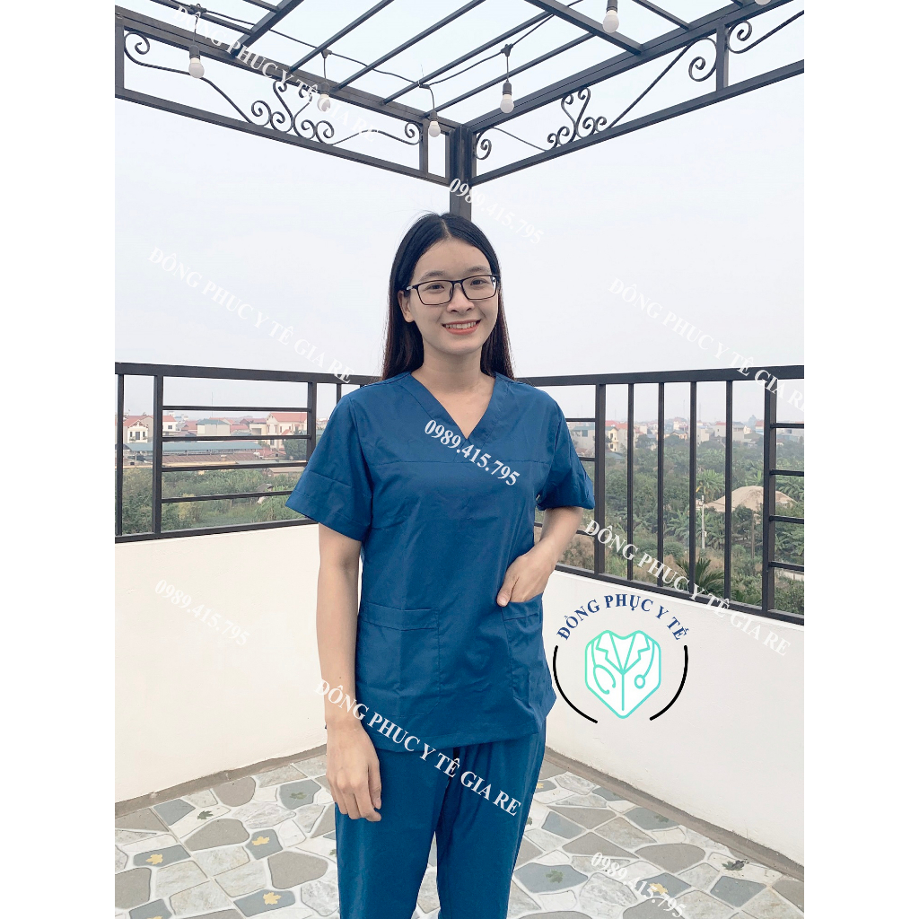 Bộ Scrubs Xanh Coban Bác Sĩ, Blouse Cổ Tim, Đồng Phục Điều Dưỡng, Spa, Thẩm Mỹ Viên, Dược Sĩ