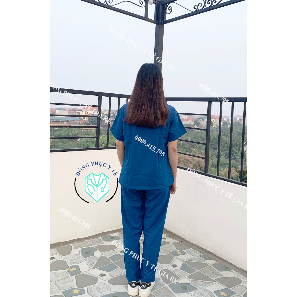 Bộ Scrubs Xanh Coban Bác Sĩ, Blouse Cổ Tim, Đồng Phục Điều Dưỡng, Spa, Thẩm Mỹ Viên, Dược Sĩ