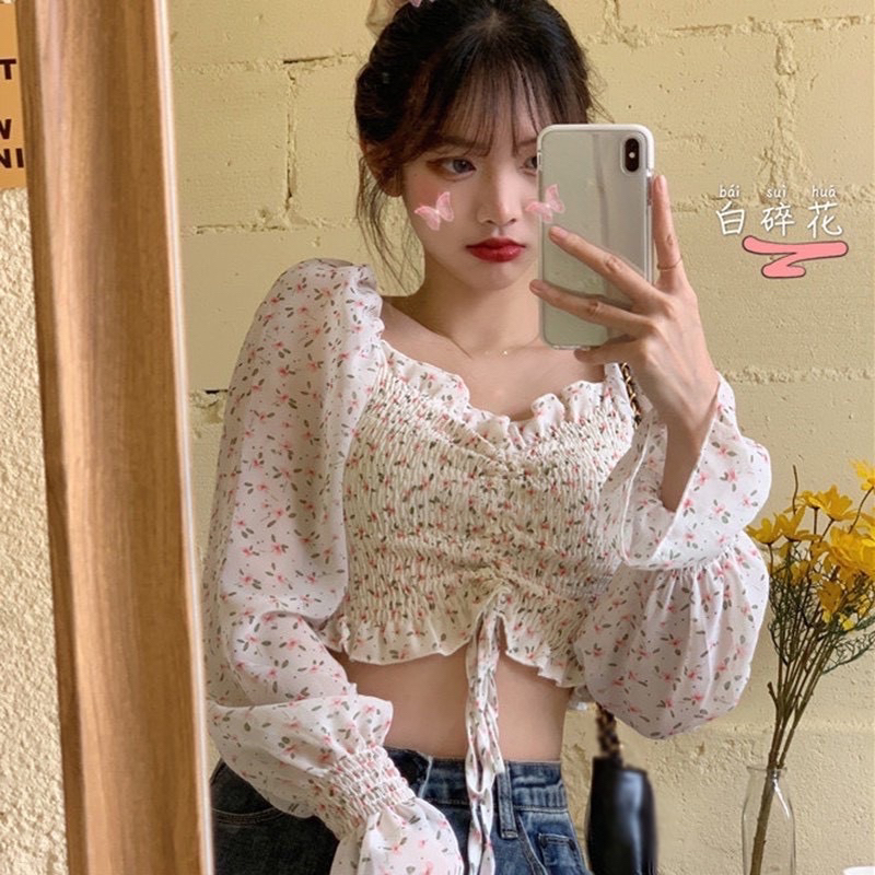 Áo Croptop Cổ Vuông Hoa Nhí Rút Ngực Xinh Xắn Thời Trang
