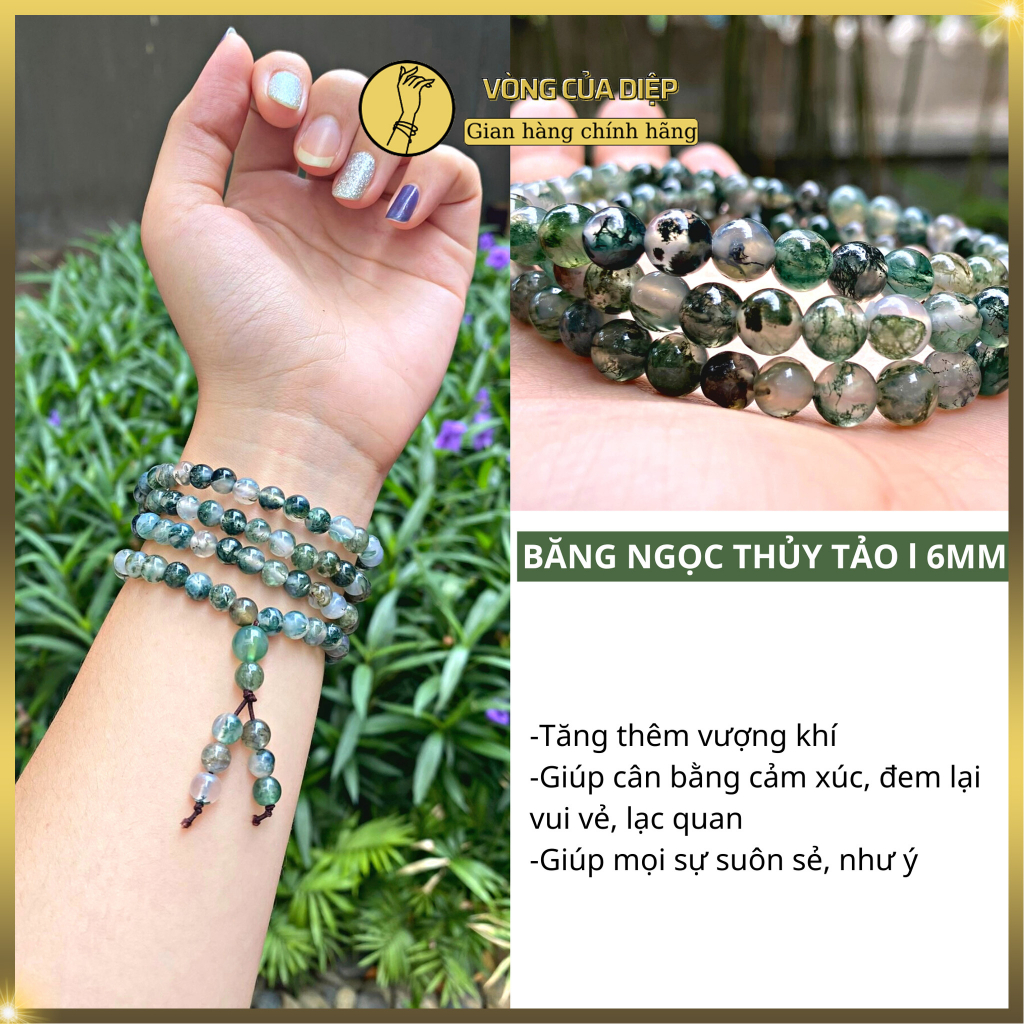 Chuỗi đeo tay đá Băng Ngọc Thủy Tảo, Mã Não Rêu (Moss Agate), vòng 108 hạt 6li, hợp mệnh Thủy, Mộc, Hỏa