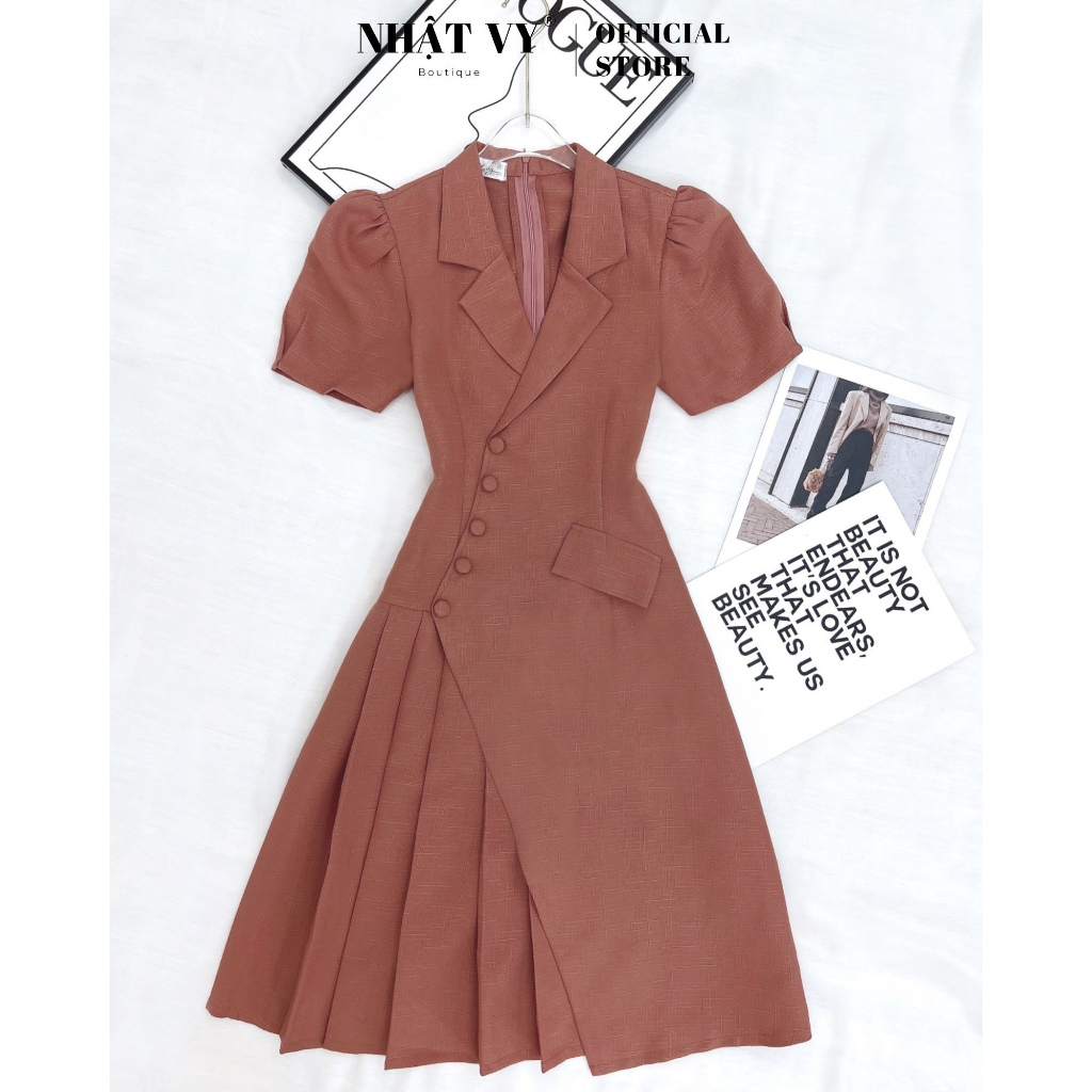 Đầm vest đi tiệc Nhật Vy tay phồng phối cúc bọc xếp ly trước chất linen gân màu hồng, đen sang trọng - D2740