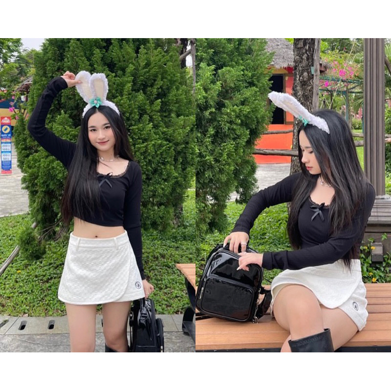 Áo thun croptop tay dài nơ viền ren