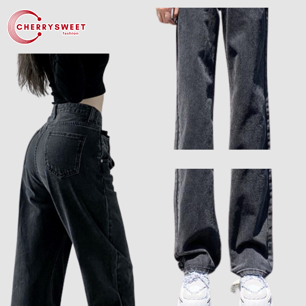 Quần jean nữ ống rộng CHERRYSWEET cạp cao dáng suông màu đen kiểu baggy chất bò xịn phong cách Hàn Quốc dễ phối đồ T007