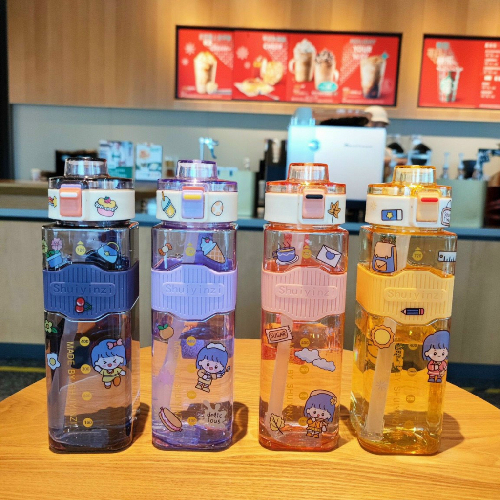 Bình Nước Shuiyinzi Cho Bé Xinh Xắn Kiểu Chữ Nhật Dễ Cầm 600ml Có Dây Đeo Sticker
