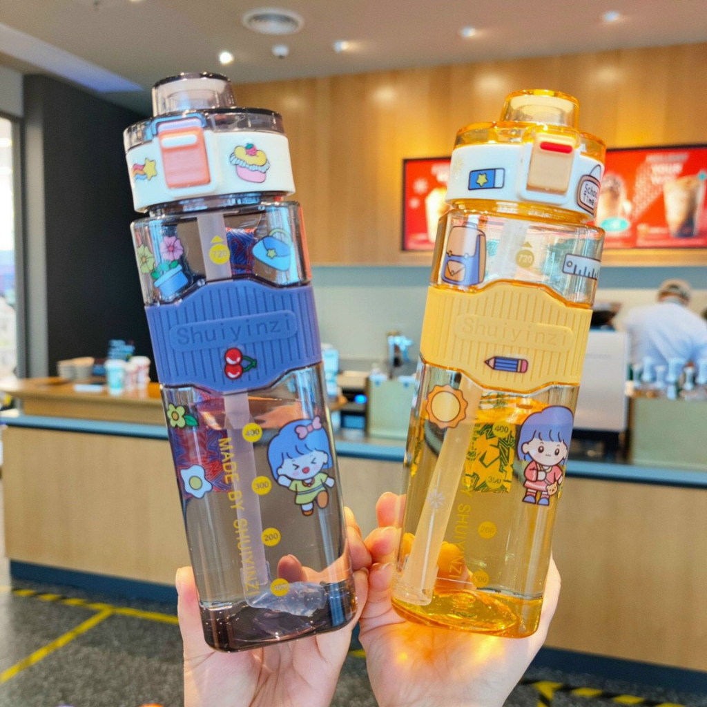 Bình Nước Shuiyinzi Cho Bé Xinh Xắn Kiểu Chữ Nhật Dễ Cầm 600ml Có Dây Đeo Sticker