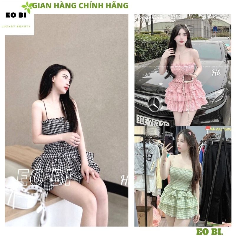 Set áo quây croptop kèm chân váy kẻ xếp ly bánh bèo, Áo ống ôm body phối váy xếp tầng điệu đà sexy thời trang - EOBI