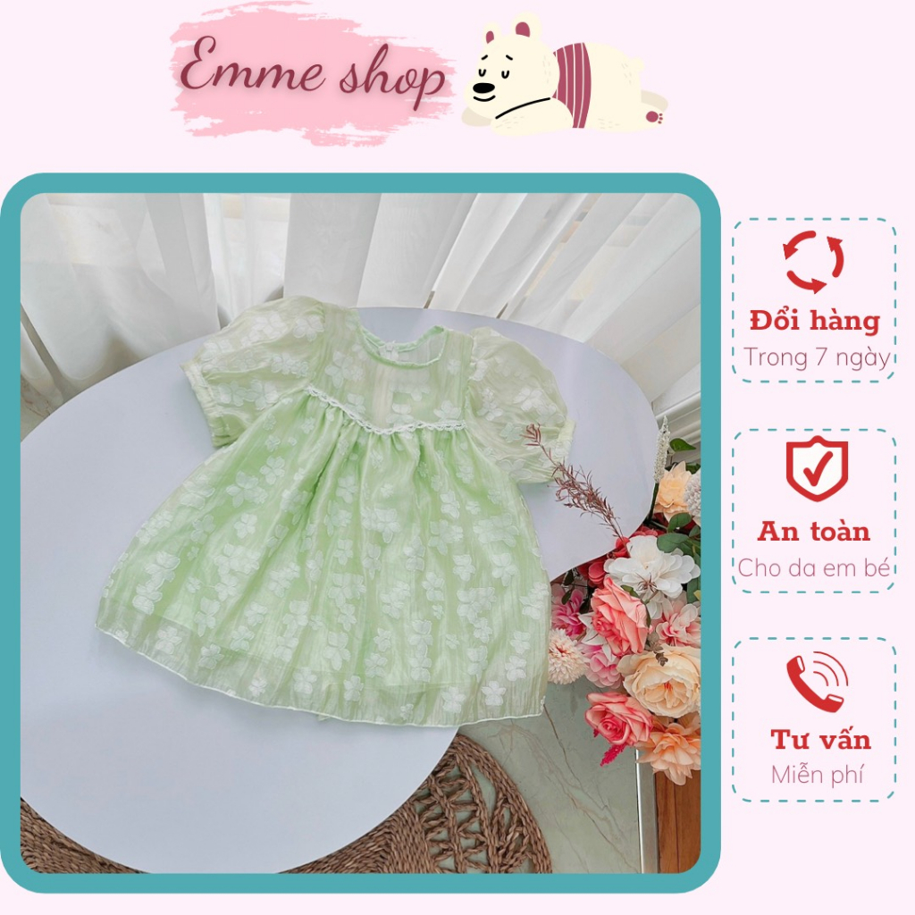 váy bé gái cho bé đi học đi chơi 8-32kg, đầm thiết kế babydoll xanh 2 lớp hoa nổi chất ogando mát mẻ cho mùa hè