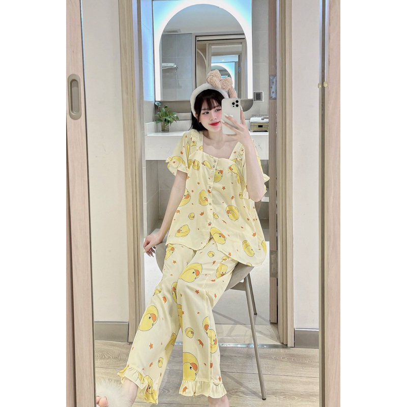 Đồ bộ pijama tay ngắn, lụa ngọc trai cổ vuông tiểu thư, hot trend dễ thương