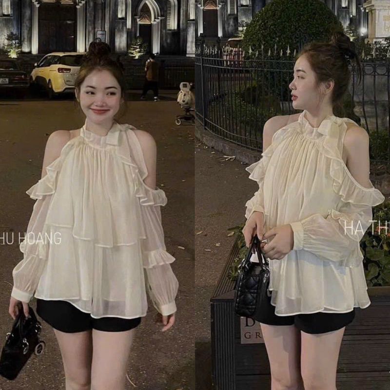 Áo Sơ Mi Yếm Khoét Trễ Vai Tay Phồng Tơ Có Lót Trong