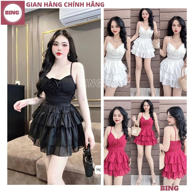 Set áo 2 dây hoa chân váy xếp ly bèo bồng bềnh điệu đà, Đầm voan tầng kèm áo croptop lưng chnun gợi cảm thời trang BING