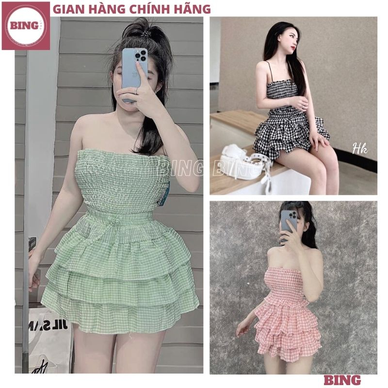 Set áo quây croptop kèm chân váy kẻ xếp ly bánh bèo, Áo ống ôm body phối váy xếp tầng điệu đà sexy thời trang - BING