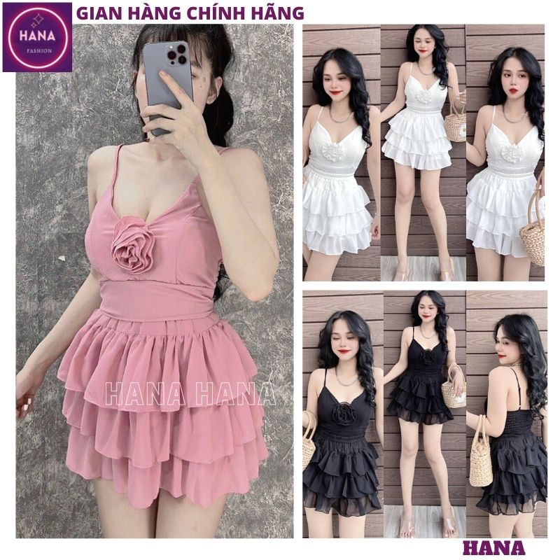 Set áo 2 dây hoa chân váy xếp ly bèo bồng bềnh điệu đà, Đầm voan tầng kèm áo croptop lưng chnun gợi cảm thời trang -HANA