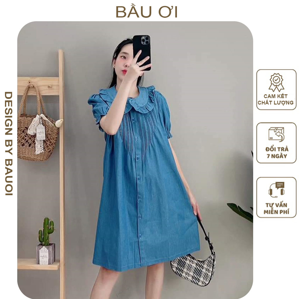 [BAUOII V256] ĐẦM VÁY BẦU BABYDOLL CHẤT BÒ GIẤY PHỐI CỔ SƠ MI PHONG CÁCH TIỂU THƯ - VÁY BẦU CÔNG SỞ MÙA HÈ BIGSIZE