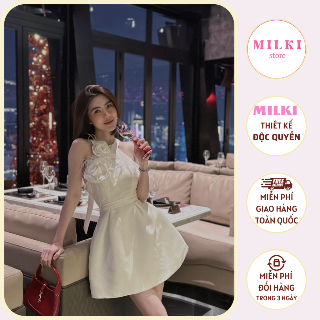 Váy đầm cổ yếm kết hoa 3D thắt bím nơ sau lưng chất Tafta cao cấp xòe dáng A Milki