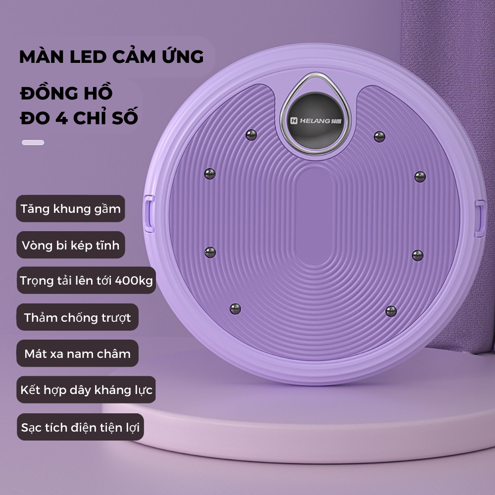 Bàn xoay eo cao cấp, Đĩa xoay eo giảm mỡ tập bụng, Đồng hồ đo 4 chỉ số, Tặng kèm dây kháng lực tập tạ tay đa năng