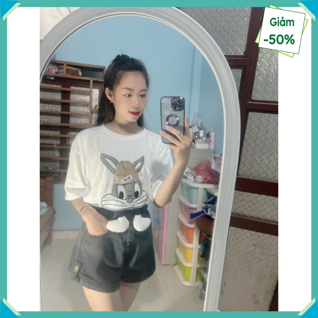 Áo thun nữ nam tay lỡ form rộng Thỏ Đội Mũ Thêu Oversize Unisex chất cotton siêu đẹp vải dày dặn | BigBuy360 - bigbuy360.vn