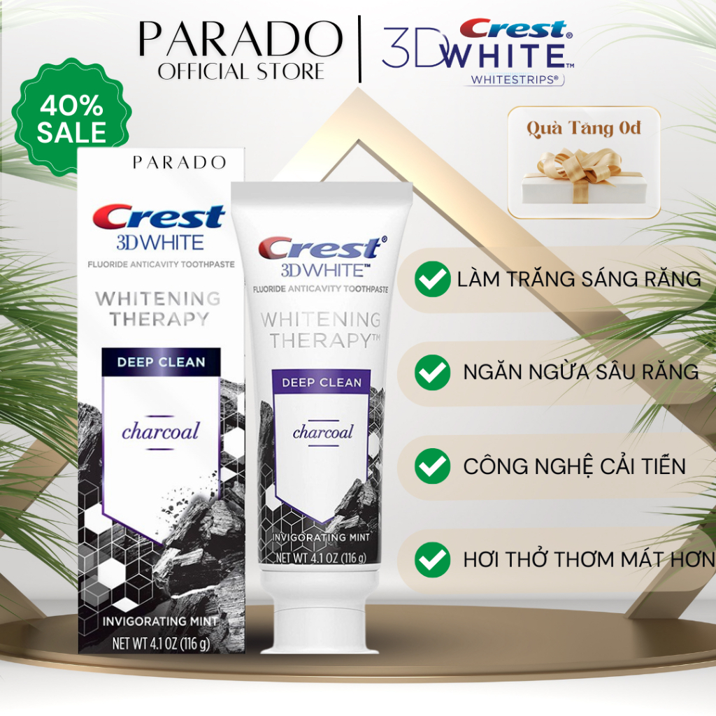 Kem Đánh Răng Than Tre Hoạt Tính Crest 3D White Whitening Therapy Charcoal 116G - Tính Chất Làm Trắng Răng