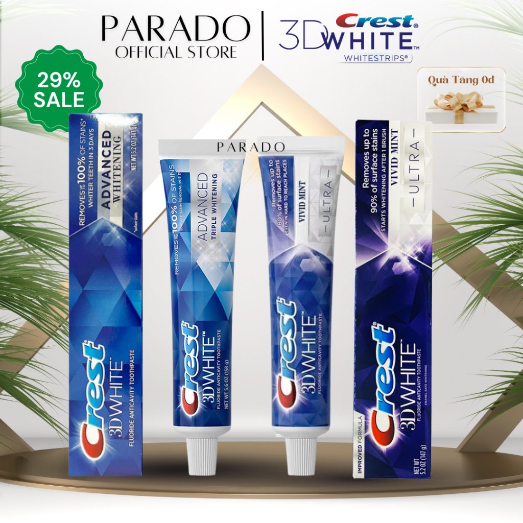 (Mẫu Mới) Kem Đánh Răng Trắng Răng Crest 3D White Advanced Whiteing 147gr và Vivid Mint Ultra 147gr Chính Hãng Mỹ