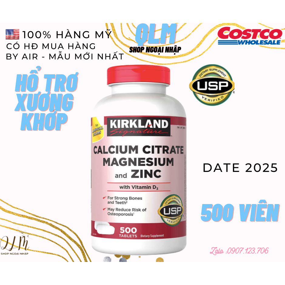 {100%USA+ Hoá đơn MH+AIR} Viên Uống Bổ Khớp Kirkland Calcium Citrate Magnesium and Zinc, kèm vitamin D3.