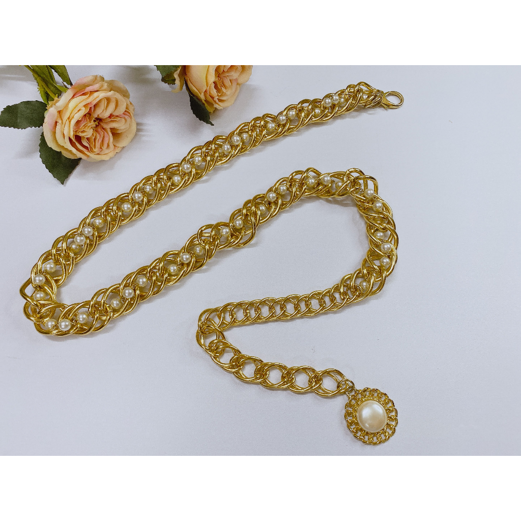 ĐAI VÁY XÍCH VÀNG HIỆU PHỐI NGỌC TRAI NHÂN TẠO 2HAND - TRANG SỨC SI NHẬT - BOU JEWELRY VINTAGE MÃ DV035