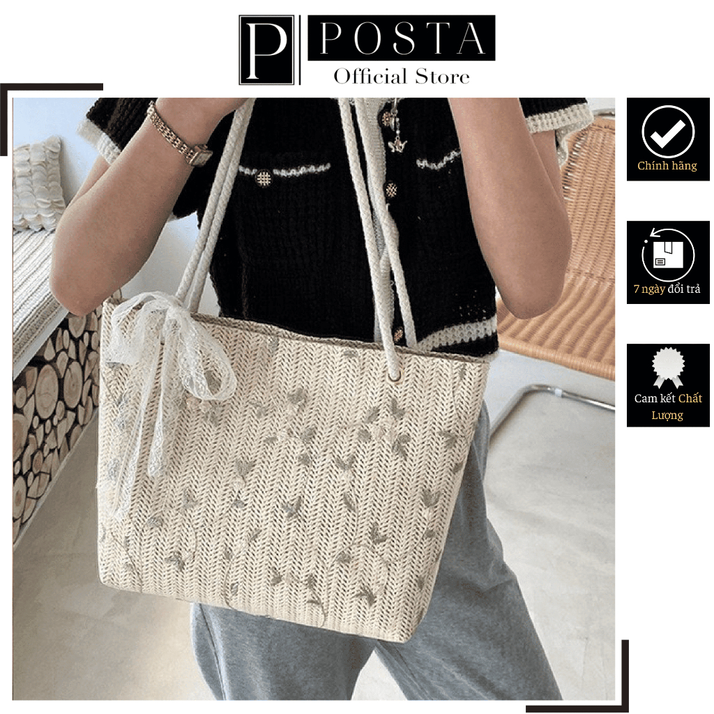 Túi Tote cói đeo vai đi du lịch đi biển hoạ tiết thêu hoa phong cách Hàn Quốc POSTA PT26 Túi du lịch dễ thương hot trend