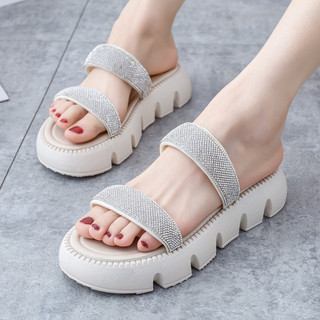 Dép quai ngang nữ đính đá, đế cao su non độn 4cm sang trọng, lịch sự 3TDEP