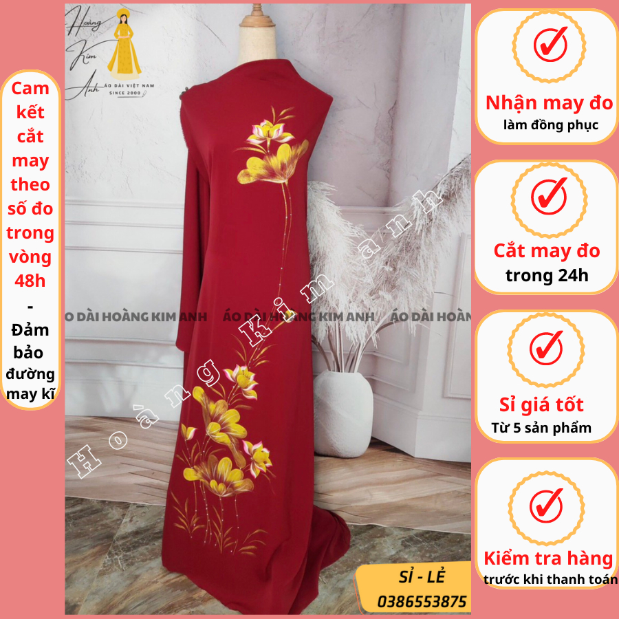 vải lụa áo dài lụa bảo anh vẽ sơn mài mẫu mới lạ kèm vải quần may áo dài truyền thống màu Đỏ, Xanh